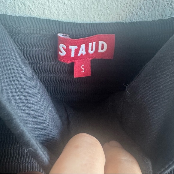 STAUD Landry open-back smocked tiered cotton-blend poplin mini dress sz S black - Picture 5 of 9